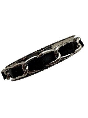 Edgy Polished Bangle Bracelet Silver Metal Black Interlaced Fabric Chain Link